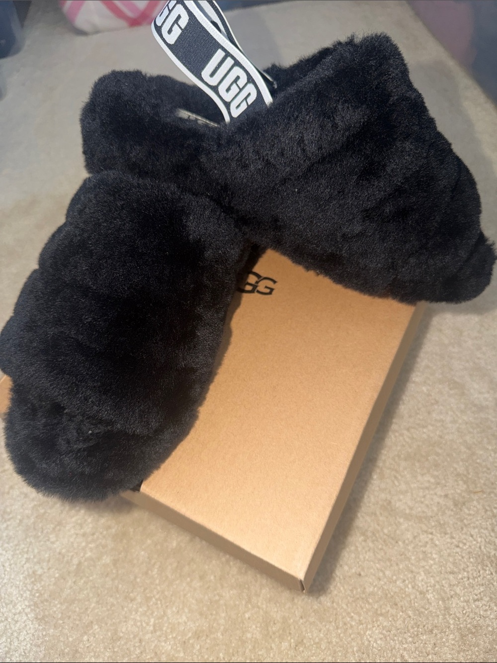 UGG Black Faux Fur Crossband fluff yeah Slides with Branded Heel Strap